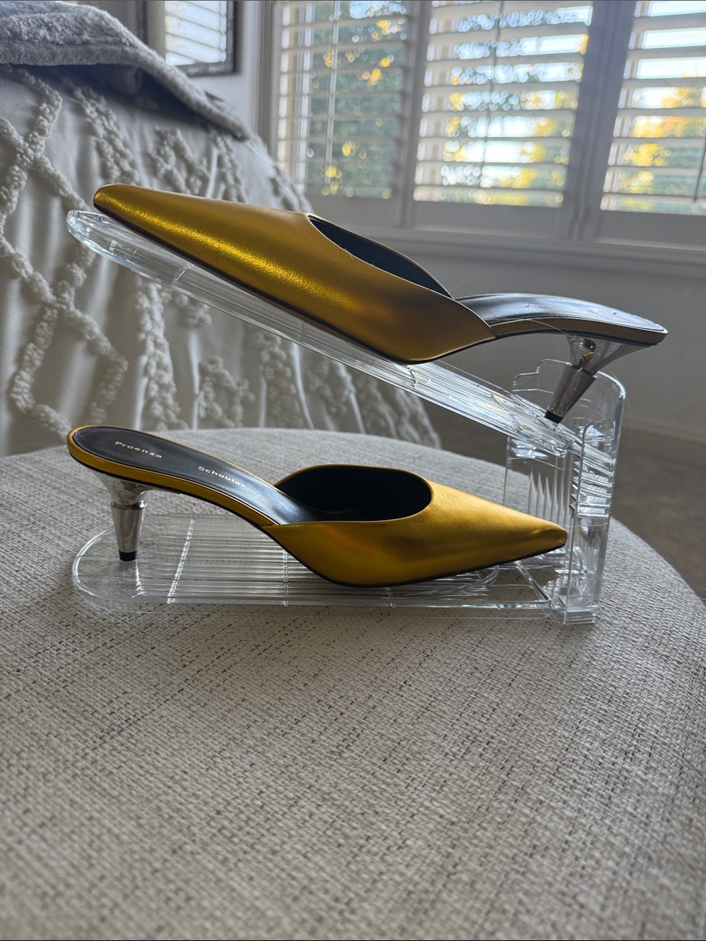 Proenza Schouler Metallic Gold Pointed-Toe Mules with Silver Heel